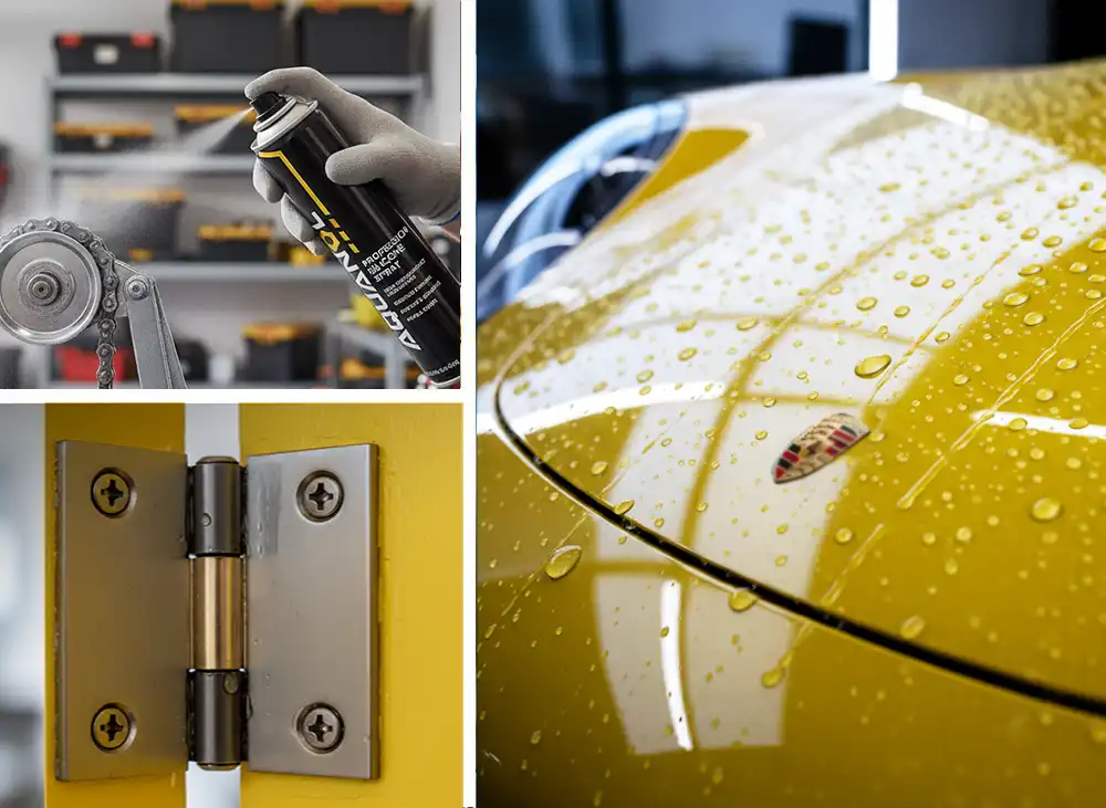 Various photos showing the different uses for Aquanol Silicone Spray